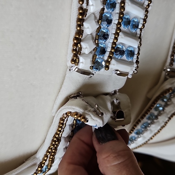 Size 6 white Sherri Hill gown with blue and bronze color tone beadwork - Picture 9 of 15